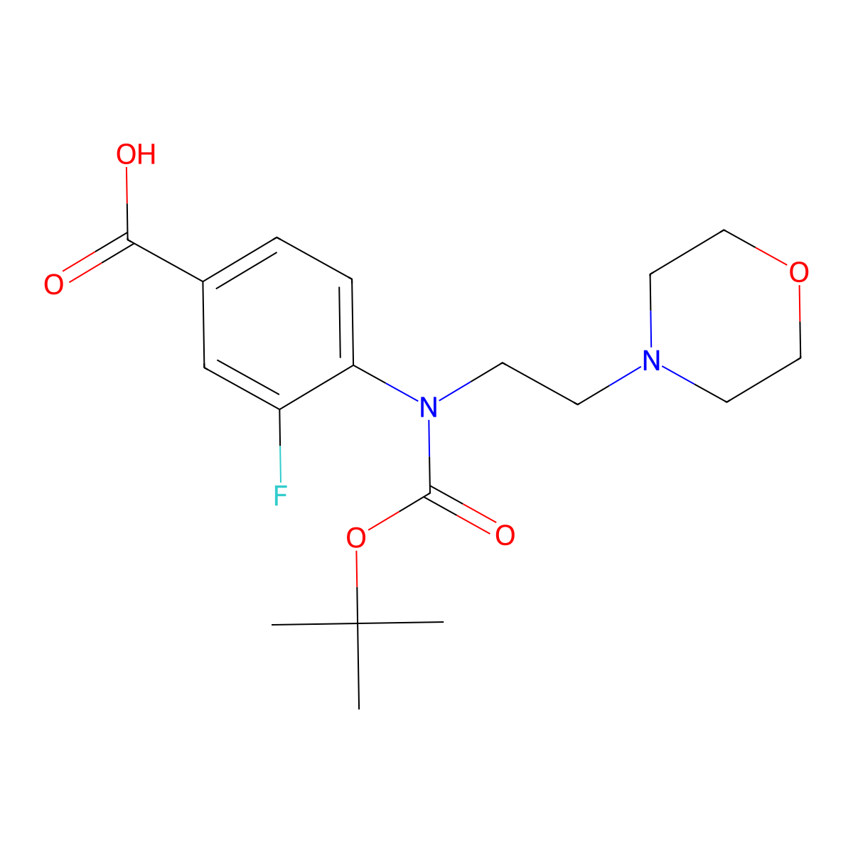 4-{[(Tert-butoxy)carbonyl][2-(morpholin-4-yl)ethyl]amino}-3-fluorobenzoic acid molecular structure, CAS 2680787-24-8
