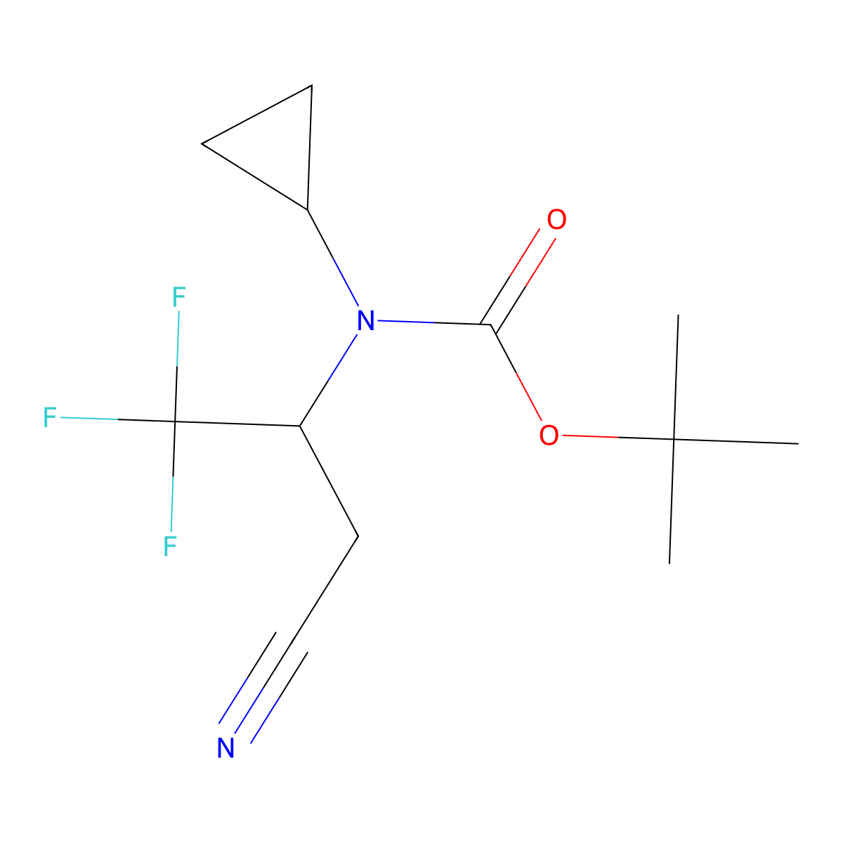 tert-butyl N-(3-cyano-1,1,1-trifluoropropan-2-yl)-N-cyclopropylcarbamate molecular structure, CAS 2680787-59-9