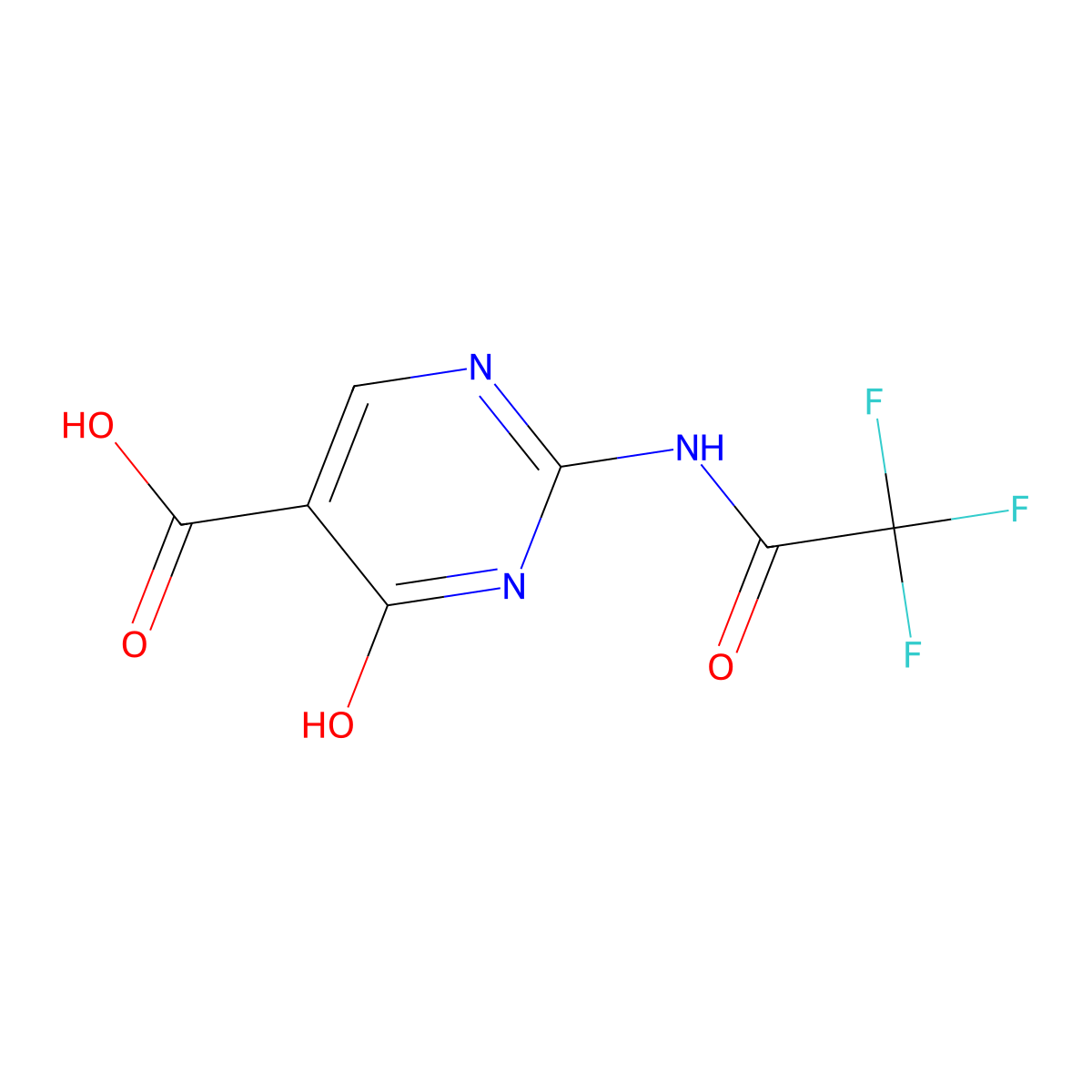 4-Hydroxy-2-(2,2,2-trifluoroacetamido)pyrimidine-5-carboxylic acid molecular structure, CAS 2680788-80-9