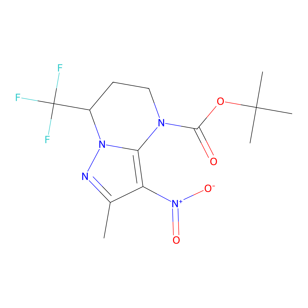 tert-butyl 2-methyl-3-nitro-7-(trifluoromethyl)-4H,5H,6H,7H-pyrazolo[1,5-a]pyrimidine-4-carboxylate molecular structure, CAS 2680789-60-8