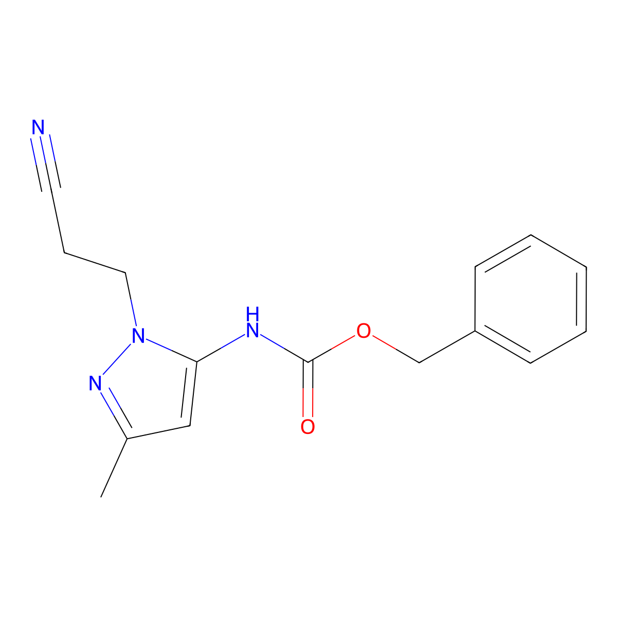 benzyl N-[1-(2-cyanoethyl)-3-methyl-1H-pyrazol-5-yl]carbamate molecular structure, CAS 2680789-62-0