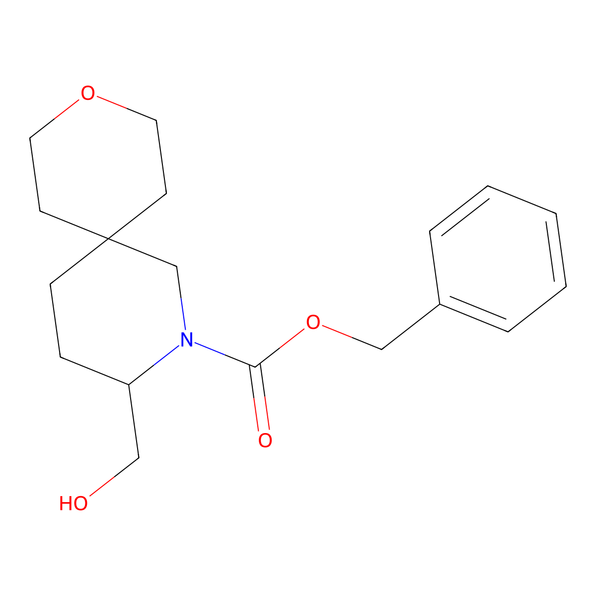 Benzyl 3-(hydroxymethyl)-9-oxa-2-azaspiro[5.5]undecane-2-carboxylate molecular structure, CAS 2680789-93-7