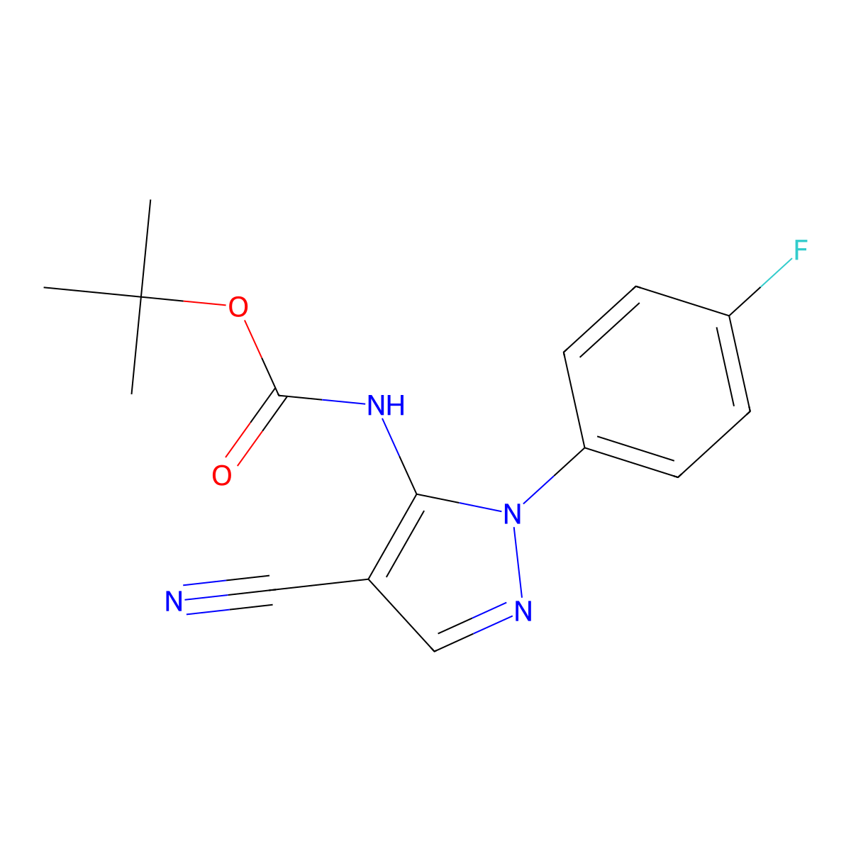 tert-butyl N-[4-cyano-1-(4-fluorophenyl)-1H-pyrazol-5-yl]carbamate molecular structure, CAS 2680790-17-2