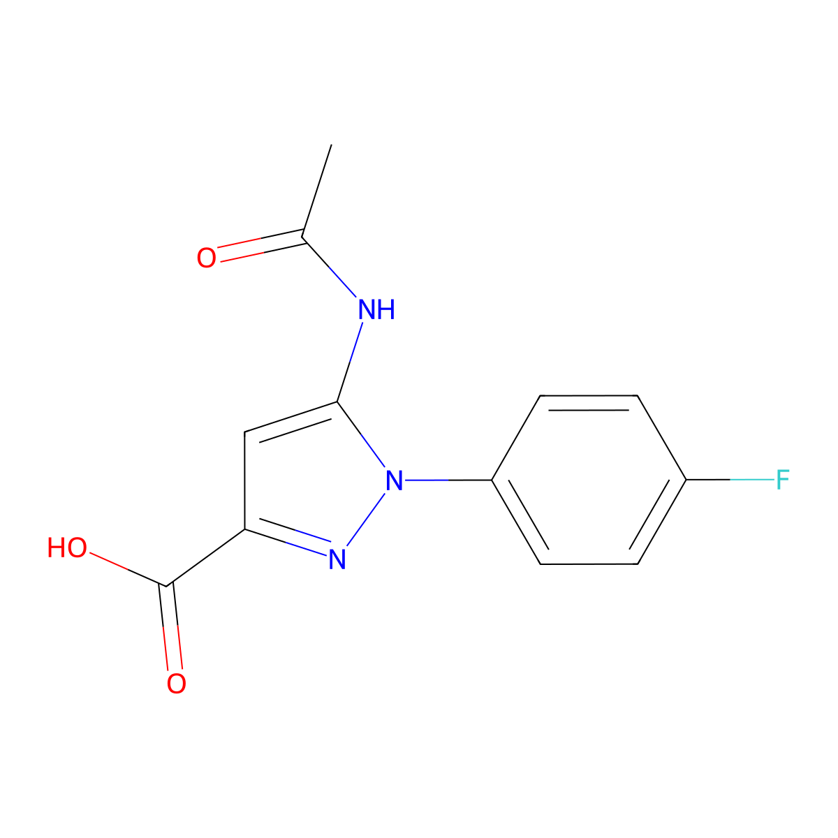 5-acetamido-1-(4-fluorophenyl)-1H-pyrazole-3-carboxylic acid molecular structure, CAS 2680790-18-3