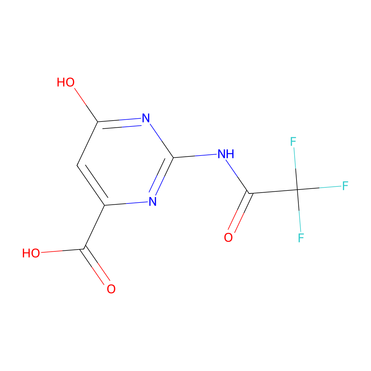 6-Hydroxy-2-(2,2,2-trifluoroacetamido)pyrimidine-4-carboxylic acid molecular structure, CAS 2680791-10-8