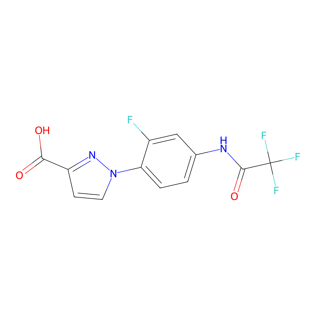 1-[2-fluoro-4-(2,2,2-trifluoroacetamido)phenyl]-1H-pyrazole-3-carboxylic acid molecular structure, CAS 2680791-38-0