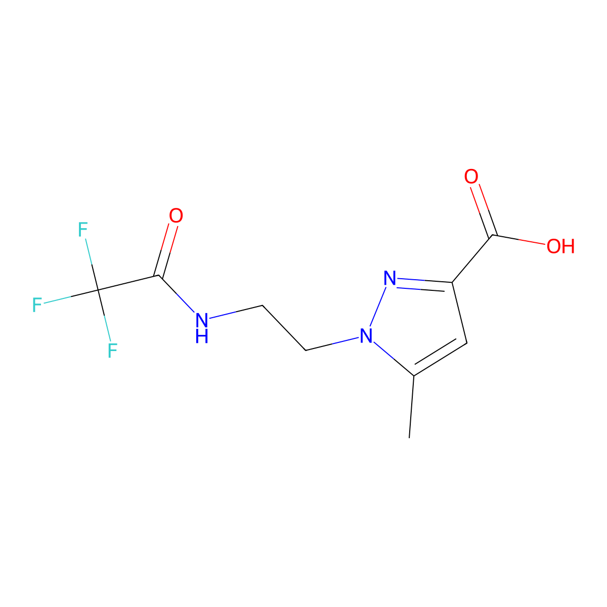 5-methyl-1-[2-(2,2,2-trifluoroacetamido)ethyl]-1H-pyrazole-3-carboxylic acid molecular structure, CAS 2680791-65-3