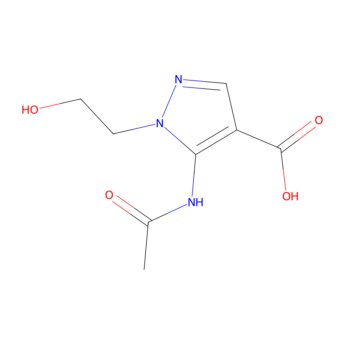 5-acetamido-1-(2-hydroxyethyl)-1H-pyrazole-4-carboxylic acid molecular structure, CAS 2680791-70-0