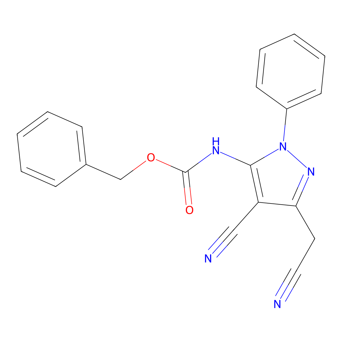 benzyl N-[4-cyano-3-(cyanomethyl)-1-phenyl-1H-pyrazol-5-yl]carbamate molecular structure, CAS 2680791-77-7