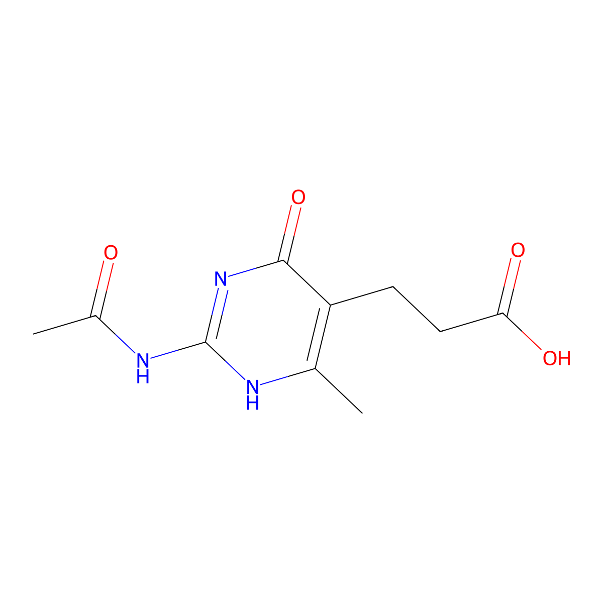 3-(2-Acetamido-6-methyl-4-oxo-1,4-dihydropyrimidin-5-yl)propanoic acid molecular structure, CAS 2680792-53-2