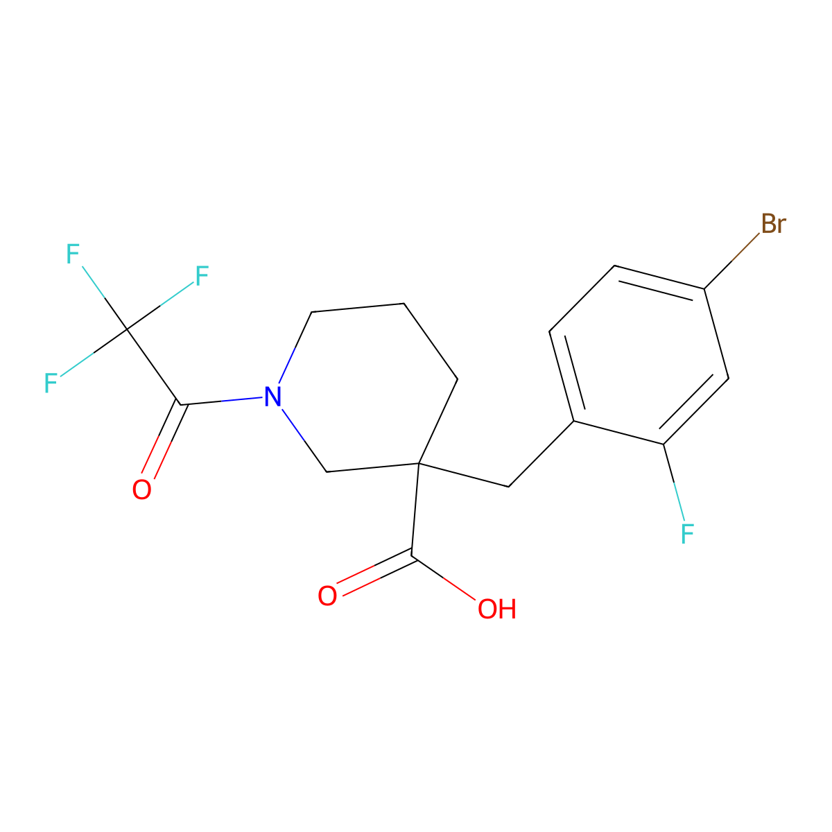 3-[(4-Bromo-2-fluorophenyl)methyl]-1-(2,2,2-trifluoroacetyl)piperidine-3-carboxylic acid molecular structure, CAS 2680792-57-6