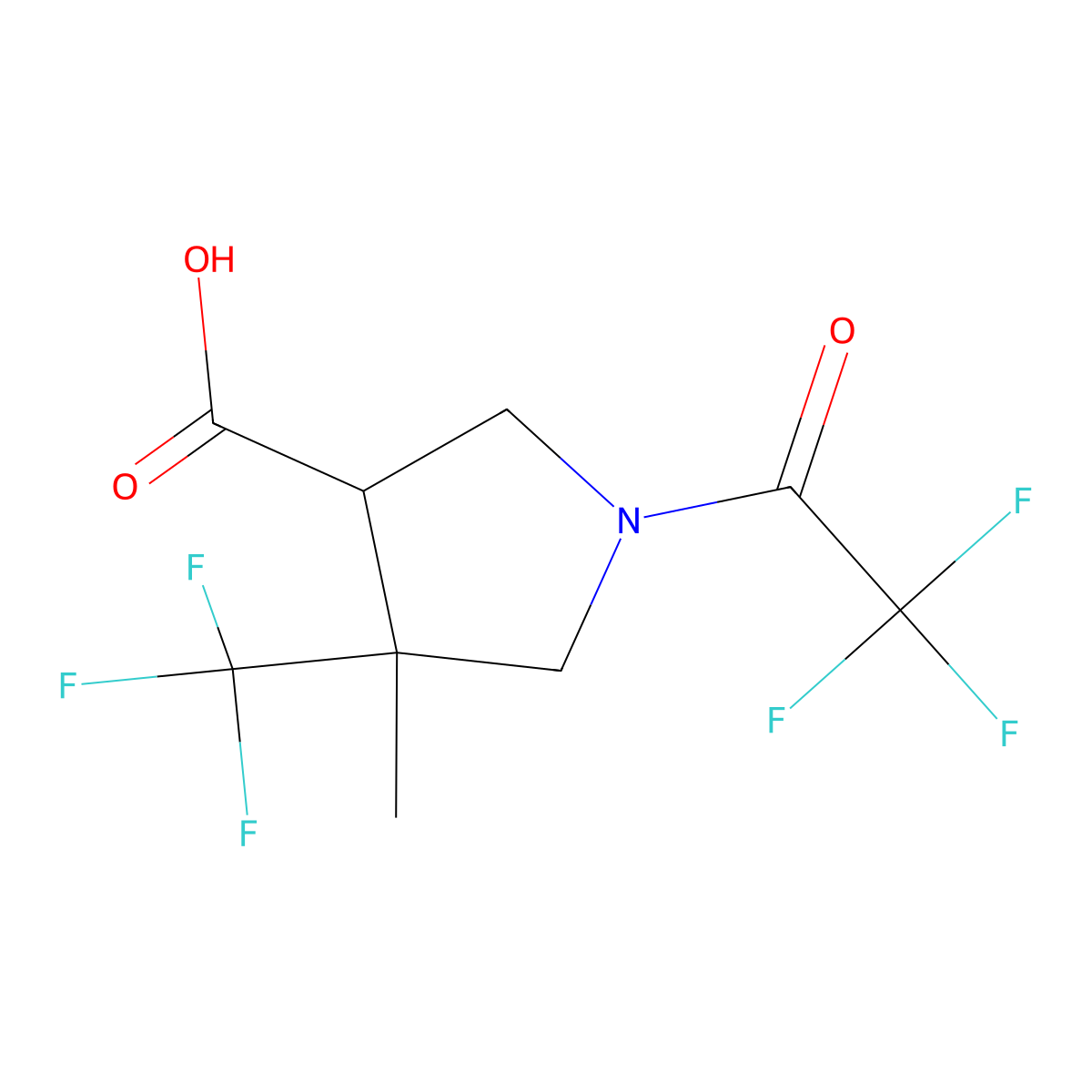 4-Methyl-1-(trifluoroacetyl)-4-(trifluoromethyl)pyrrolidine-3-carboxylic acid molecular structure, CAS 2680794-14-1
