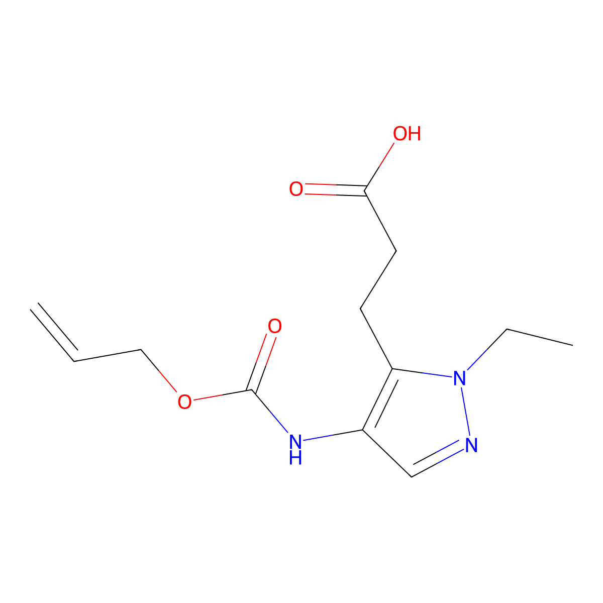3-(1-ethyl-4-{[(prop-2-en-1-yloxy)carbonyl]amino}-1H-pyrazol-5-yl)propanoic acid molecular structure, CAS 2680794-41-4