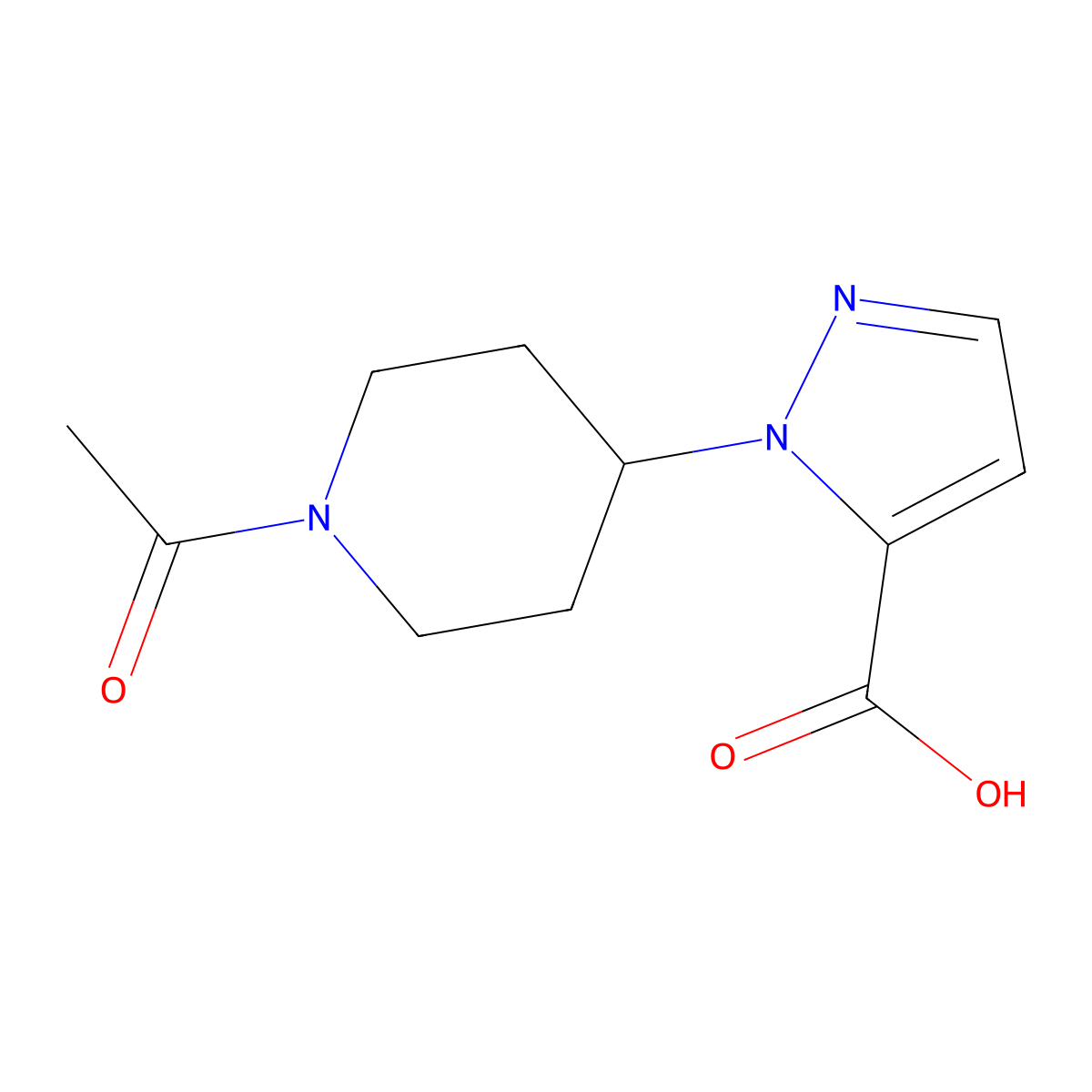 1-(1-acetylpiperidin-4-yl)-1H-pyrazole-5-carboxylic acid molecular structure, CAS 2680795-38-2