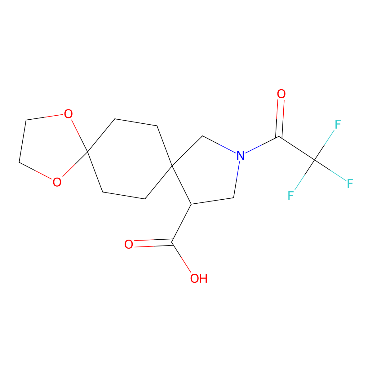 10-(2,2,2-Trifluoroacetyl)-1,4-dioxa-10-azadispiro[4.2.4^{8}.2^{5}]tetradecane-12-carboxylic acid molecular structure, CAS 2680796-00-1