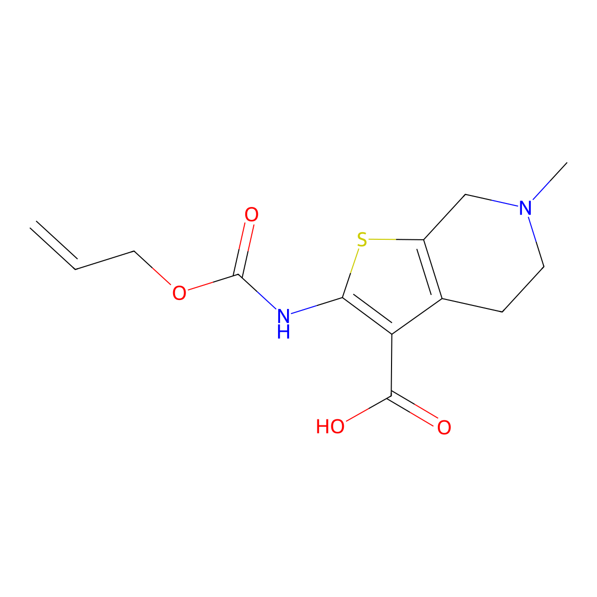 6-methyl-2-{[(prop-2-en-1-yloxy)carbonyl]amino}-4H,5H,6H,7H-thieno[2,3-c]pyridine-3-carboxylic acid molecular structure, CAS 2680796-05-6