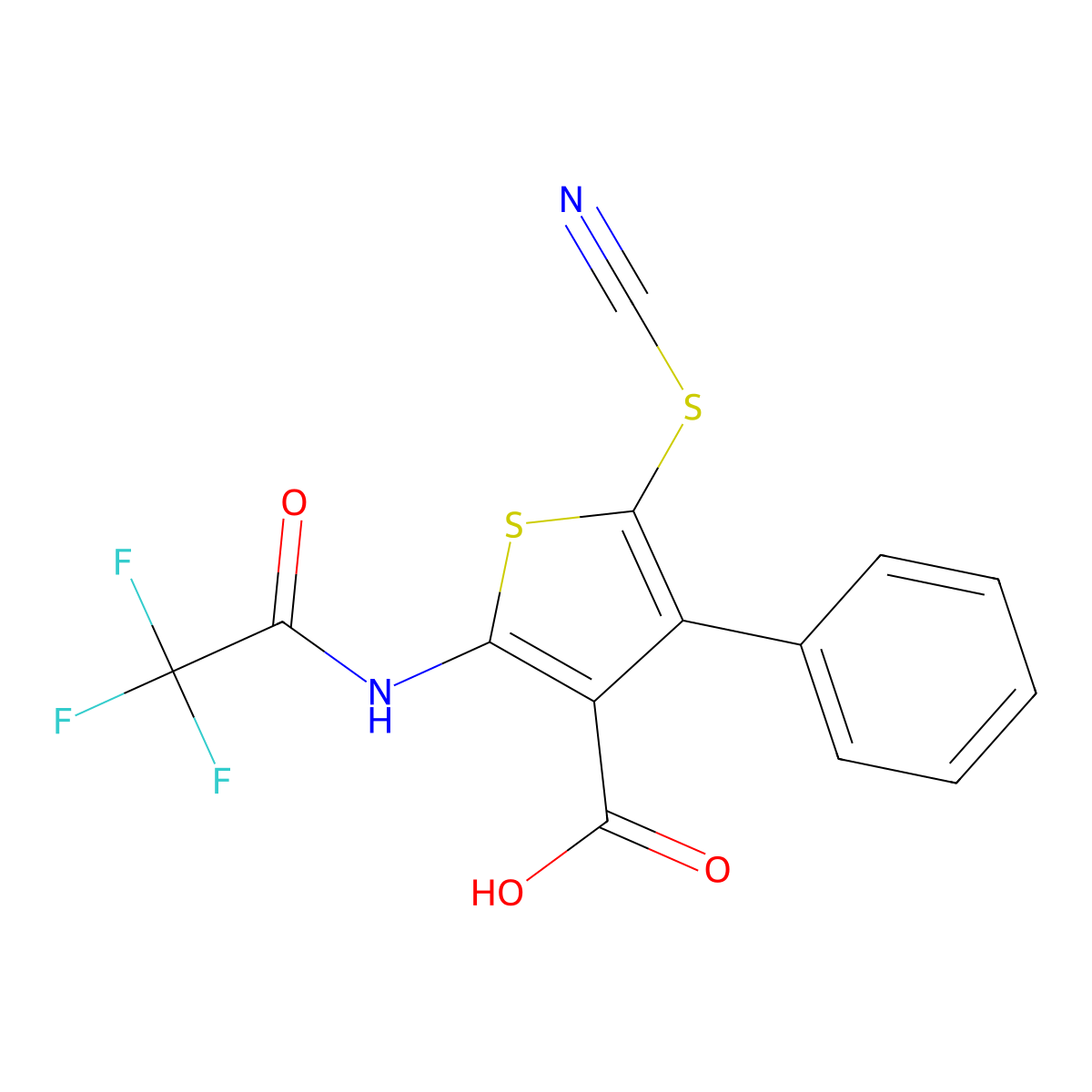 5-(Cyanosulfanyl)-4-phenyl-2-(2,2,2-trifluoroacetamido)thiophene-3-carboxylic acid molecular structure, CAS 2680796-08-9
