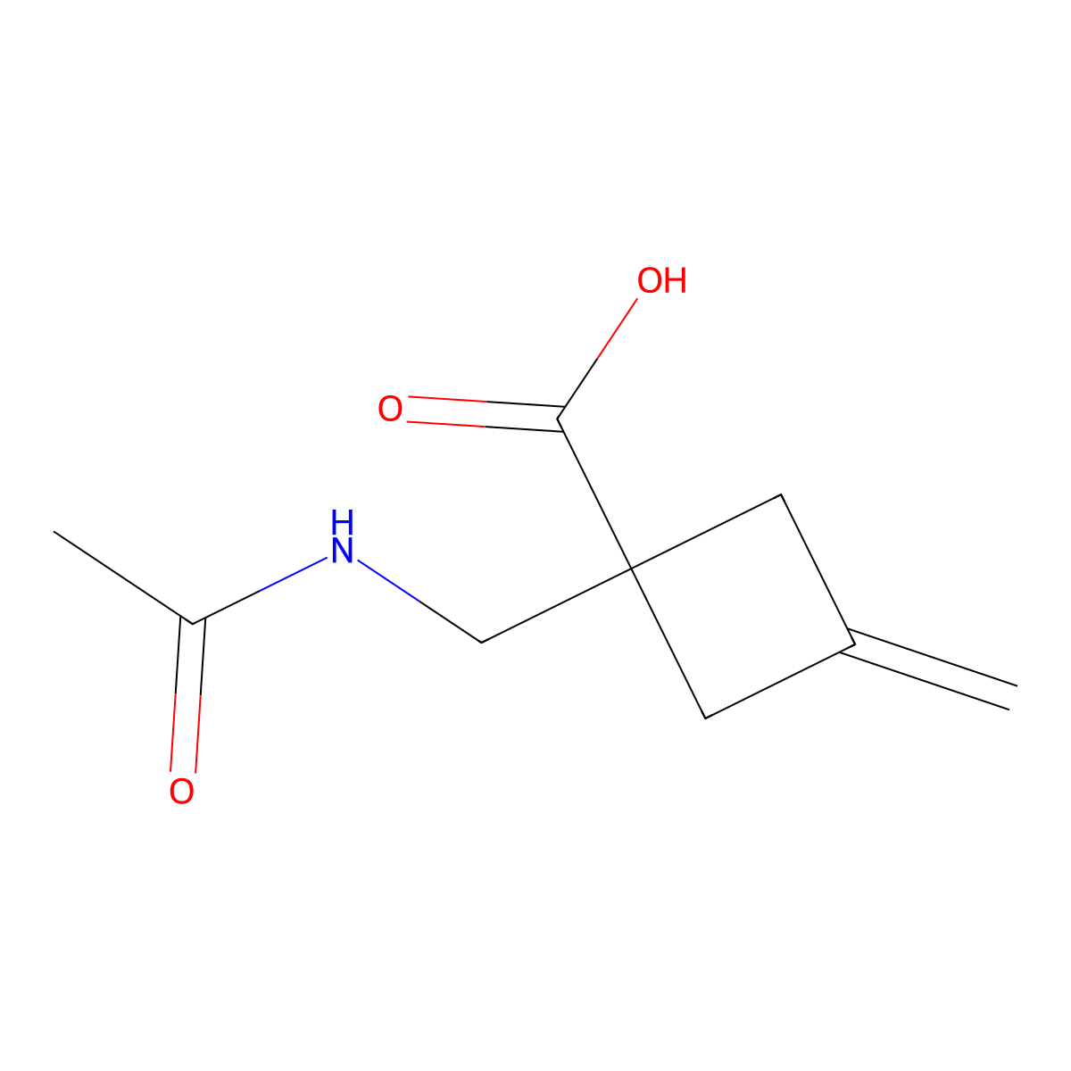1-(Acetamidomethyl)-3-methylidenecyclobutane-1-carboxylic acid molecular structure, CAS 2680796-17-0