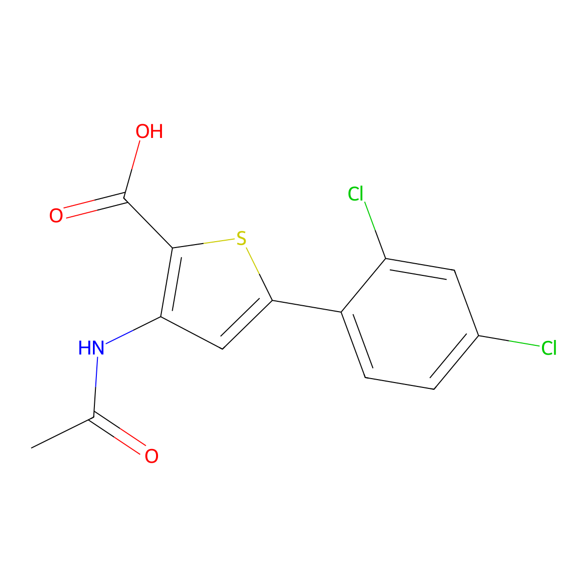 5-(2,4-Dichlorophenyl)-3-acetamidothiophene-2-carboxylic acid molecular structure, CAS 2680796-71-6