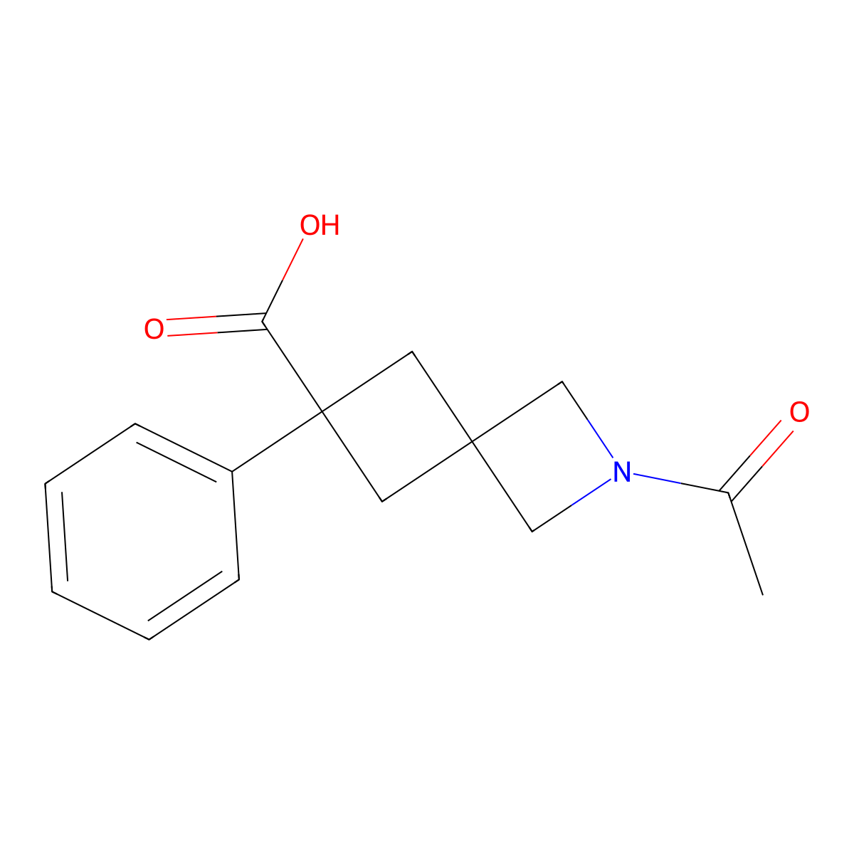 2-Acetyl-6-phenyl-2-azaspiro[3.3]heptane-6-carboxylic acid molecular structure, CAS 2680797-42-4