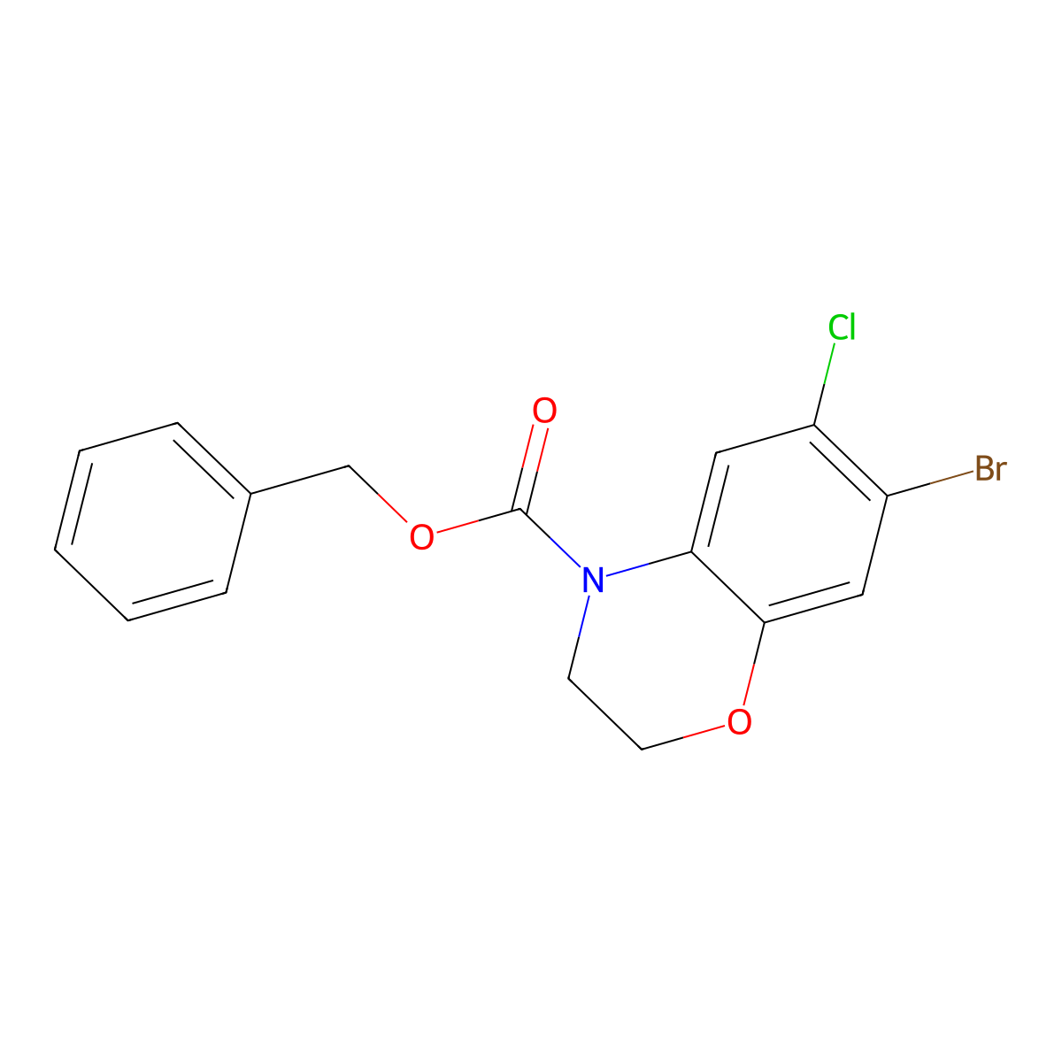 benzyl 7-bromo-6-chloro-3,4-dihydro-2H-1,4-benzoxazine-4-carboxylate molecular structure, CAS 2680798-37-0