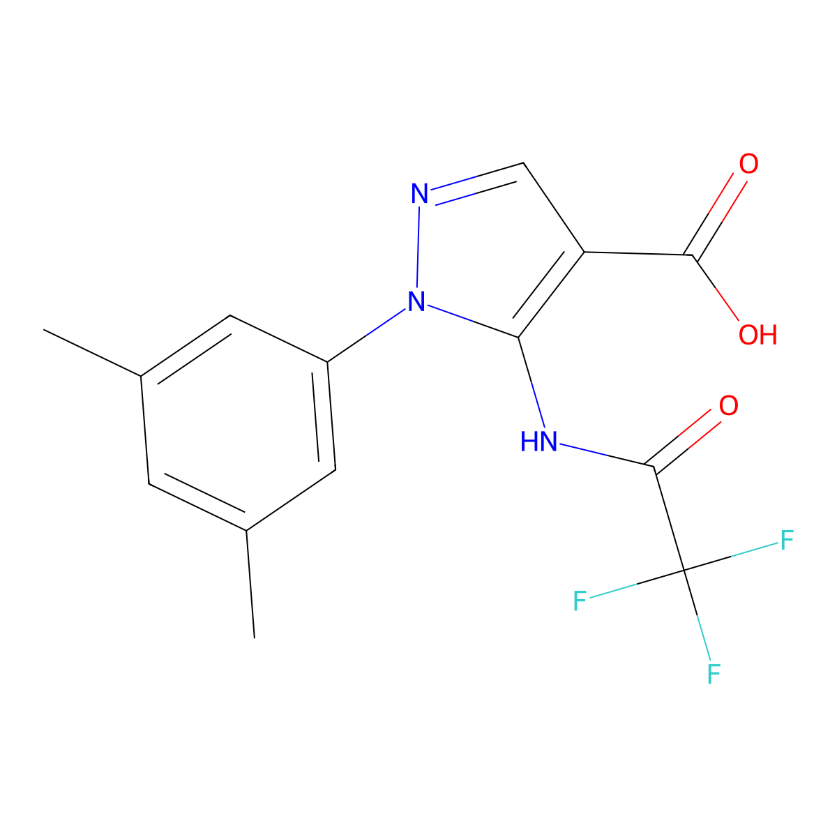 1-(3,5-dimethylphenyl)-5-(2,2,2-trifluoroacetamido)-1H-pyrazole-4-carboxylic acid molecular structure, CAS 2680799-07-7
