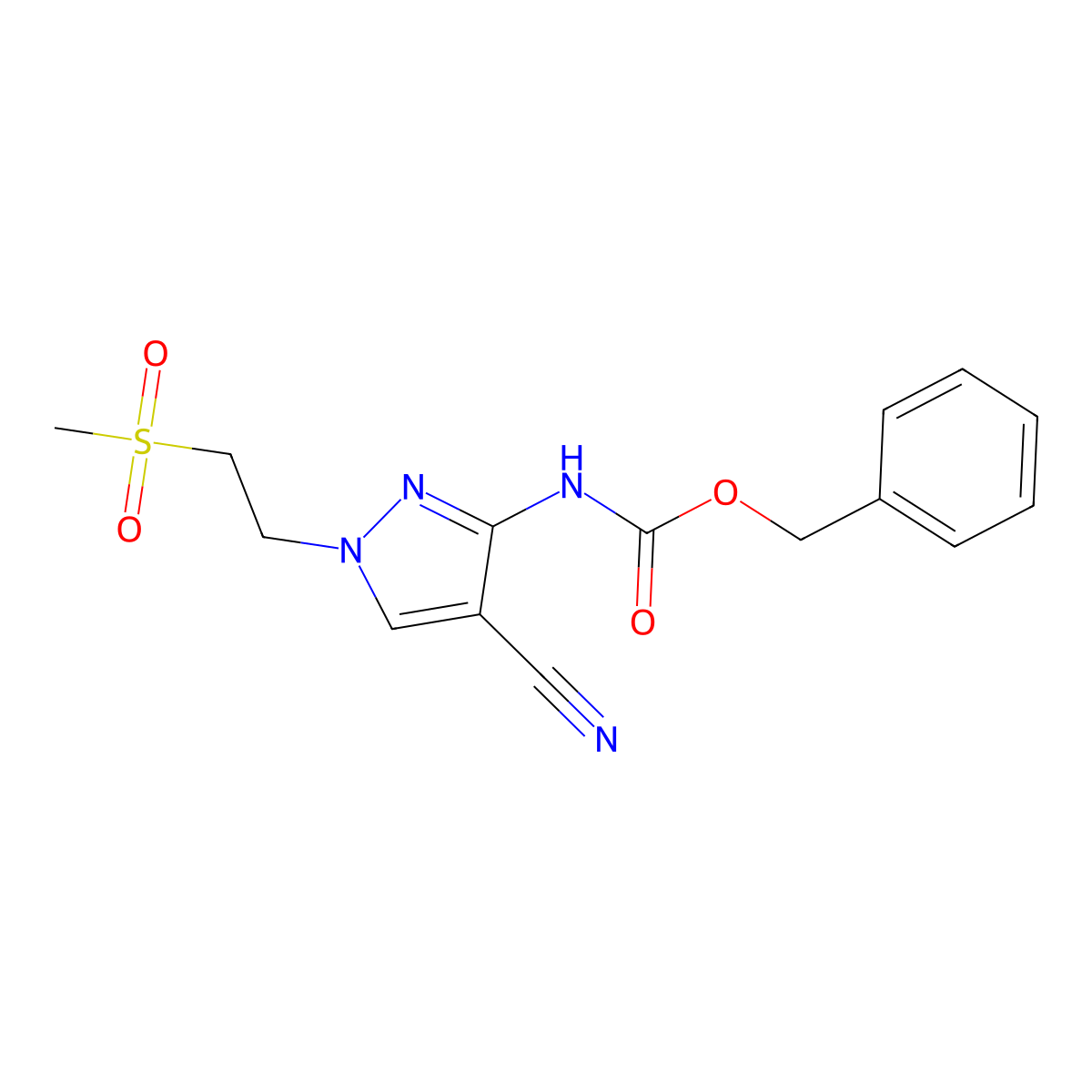benzyl N-[4-cyano-1-(2-methanesulfonylethyl)-1H-pyrazol-3-yl]carbamate molecular structure, CAS 2680799-12-4
