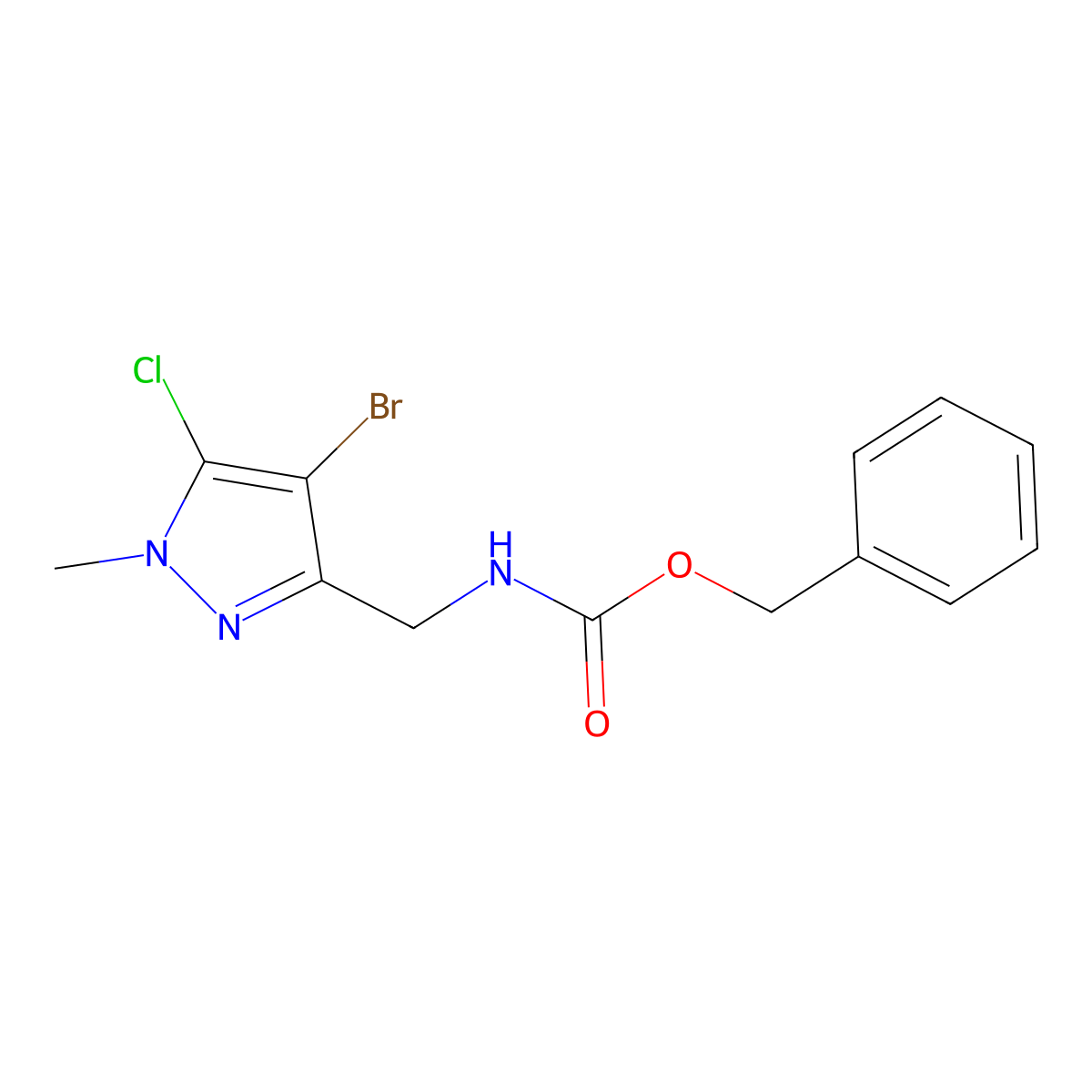 benzyl N-[(4-bromo-5-chloro-1-methyl-1H-pyrazol-3-yl)methyl]carbamate molecular structure, CAS 2680800-02-4