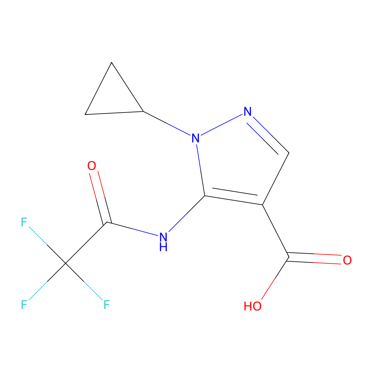 1-cyclopropyl-5-(2,2,2-trifluoroacetamido)-1H-pyrazole-4-carboxylic acid molecular structure, CAS 2680800-16-0