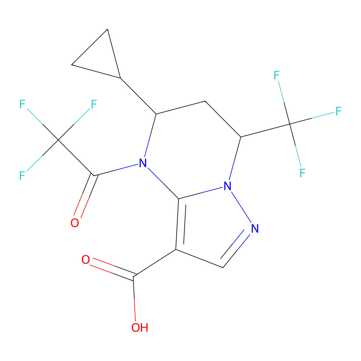 5-cyclopropyl-4-(2,2,2-trifluoroacetyl)-7-(trifluoromethyl)-4H,5H,6H,7H-pyrazolo[1,5-a]pyrimidine-3-carboxylic acid molecular structure, CAS 2680800-72-8