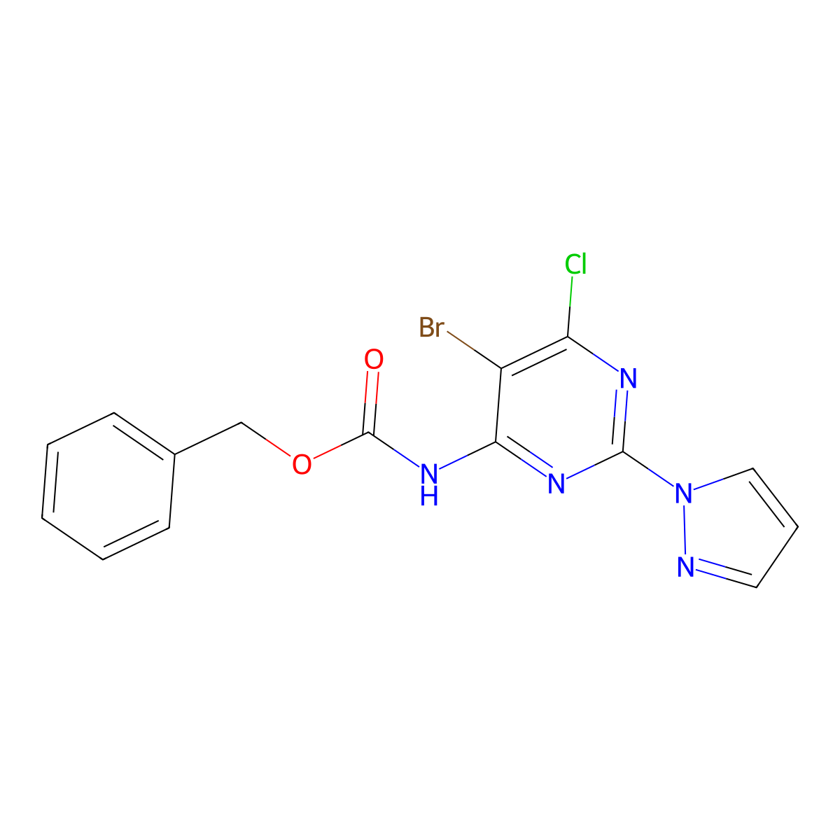 benzyl N-[5-bromo-6-chloro-2-(1H-pyrazol-1-yl)pyrimidin-4-yl]carbamate molecular structure, CAS 2680801-31-2