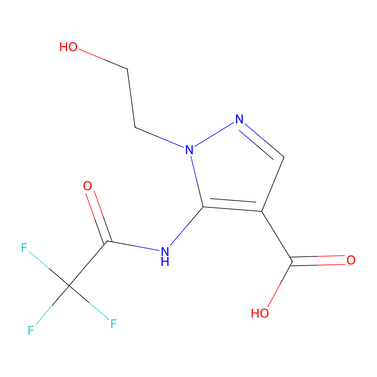 1-(2-hydroxyethyl)-5-(2,2,2-trifluoroacetamido)-1H-pyrazole-4-carboxylic acid molecular structure, CAS 2680801-72-1
