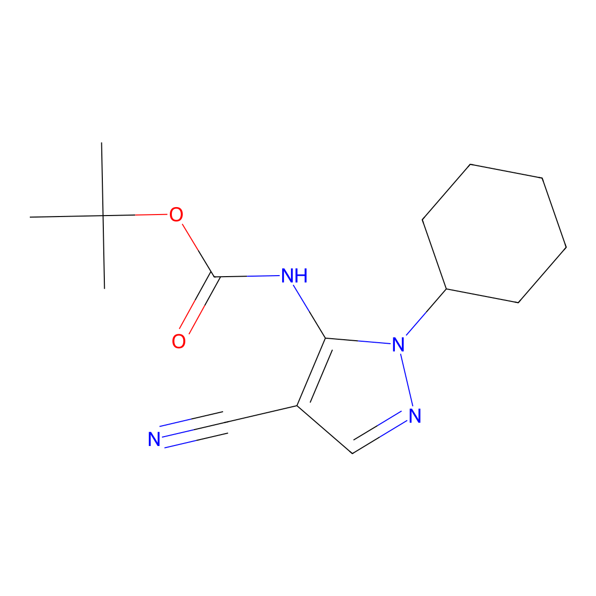 tert-butyl N-(4-cyano-1-cyclohexyl-1H-pyrazol-5-yl)carbamate molecular structure, CAS 2680804-38-8