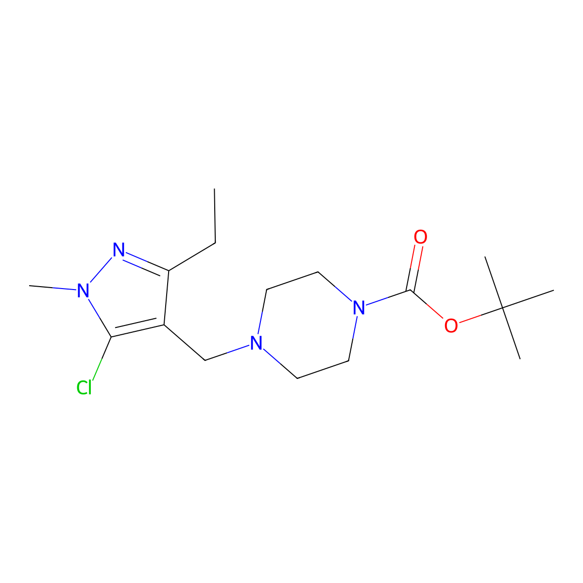 tert-butyl 4-[(5-chloro-3-ethyl-1-methyl-1H-pyrazol-4-yl)methyl]piperazine-1-carboxylate molecular structure, CAS 2680804-65-1