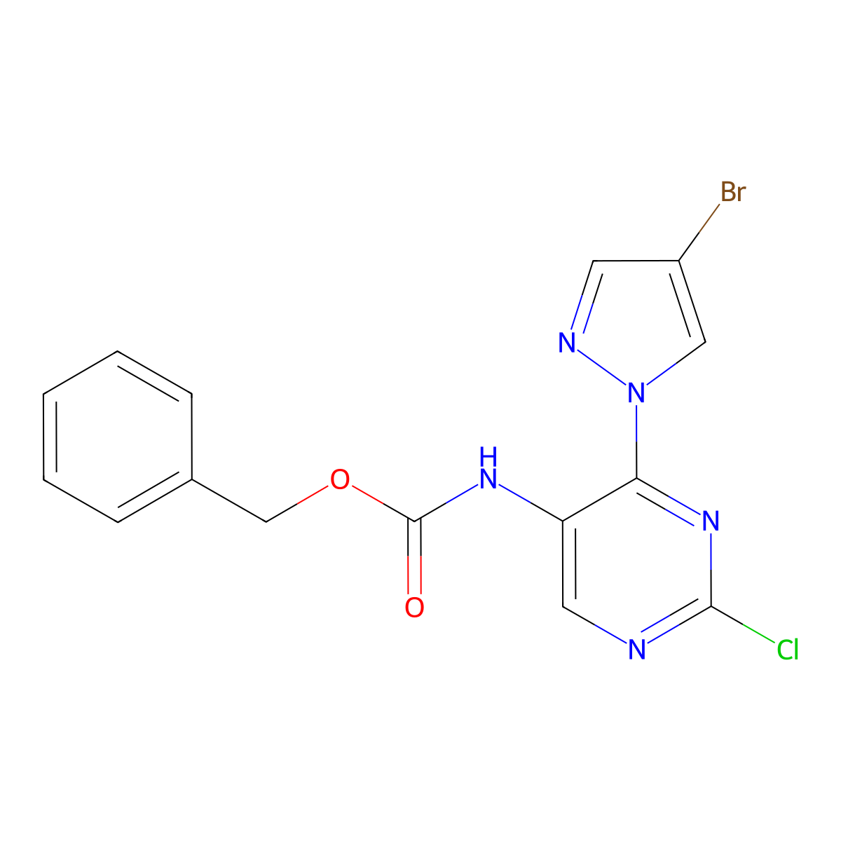 benzyl N-[4-(4-bromo-1H-pyrazol-1-yl)-2-chloropyrimidin-5-yl]carbamate molecular structure, CAS 2680804-73-1