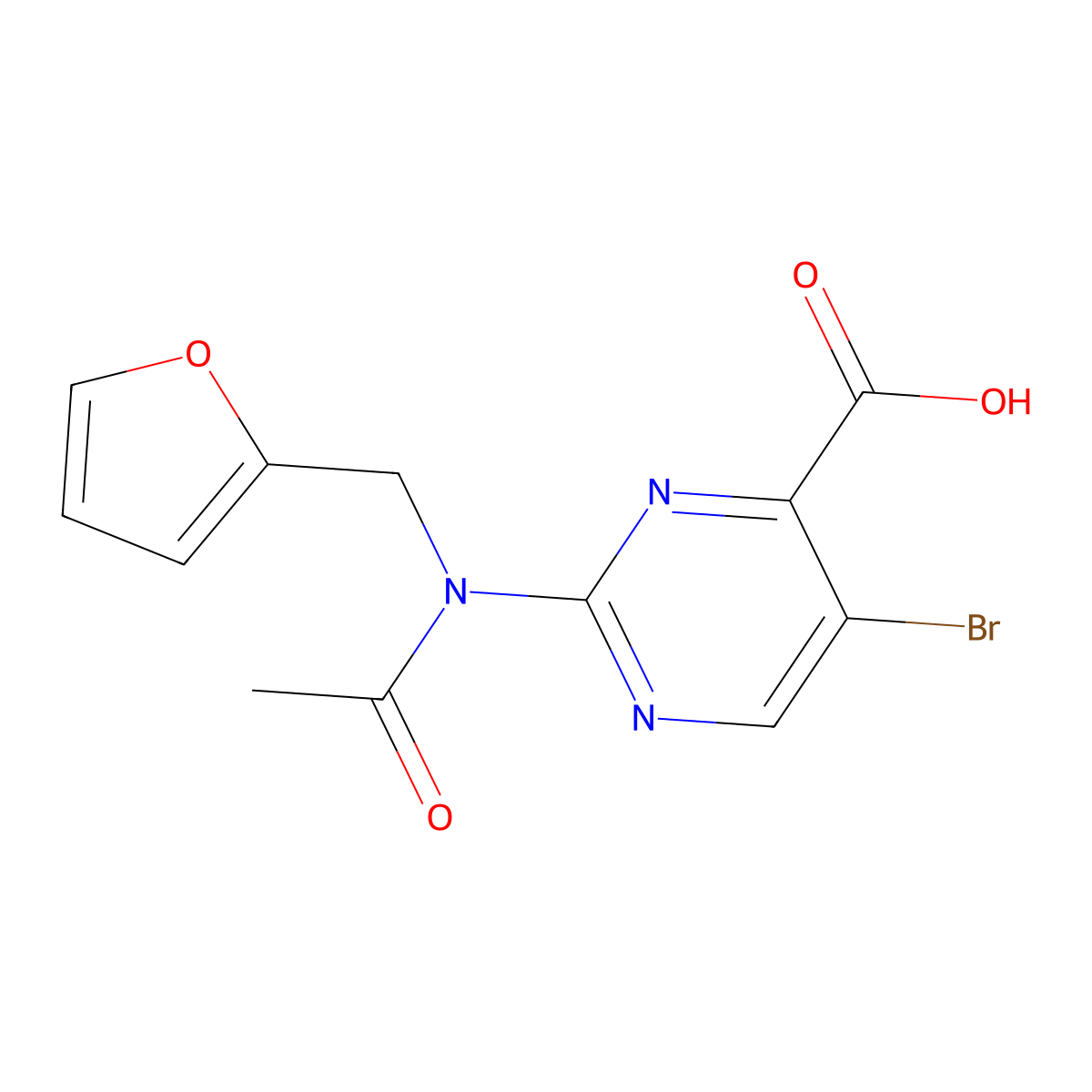 5-bromo-2-{N-[(furan-2-yl)methyl]acetamido}pyrimidine-4-carboxylic acid molecular structure, CAS 2680805-67-6