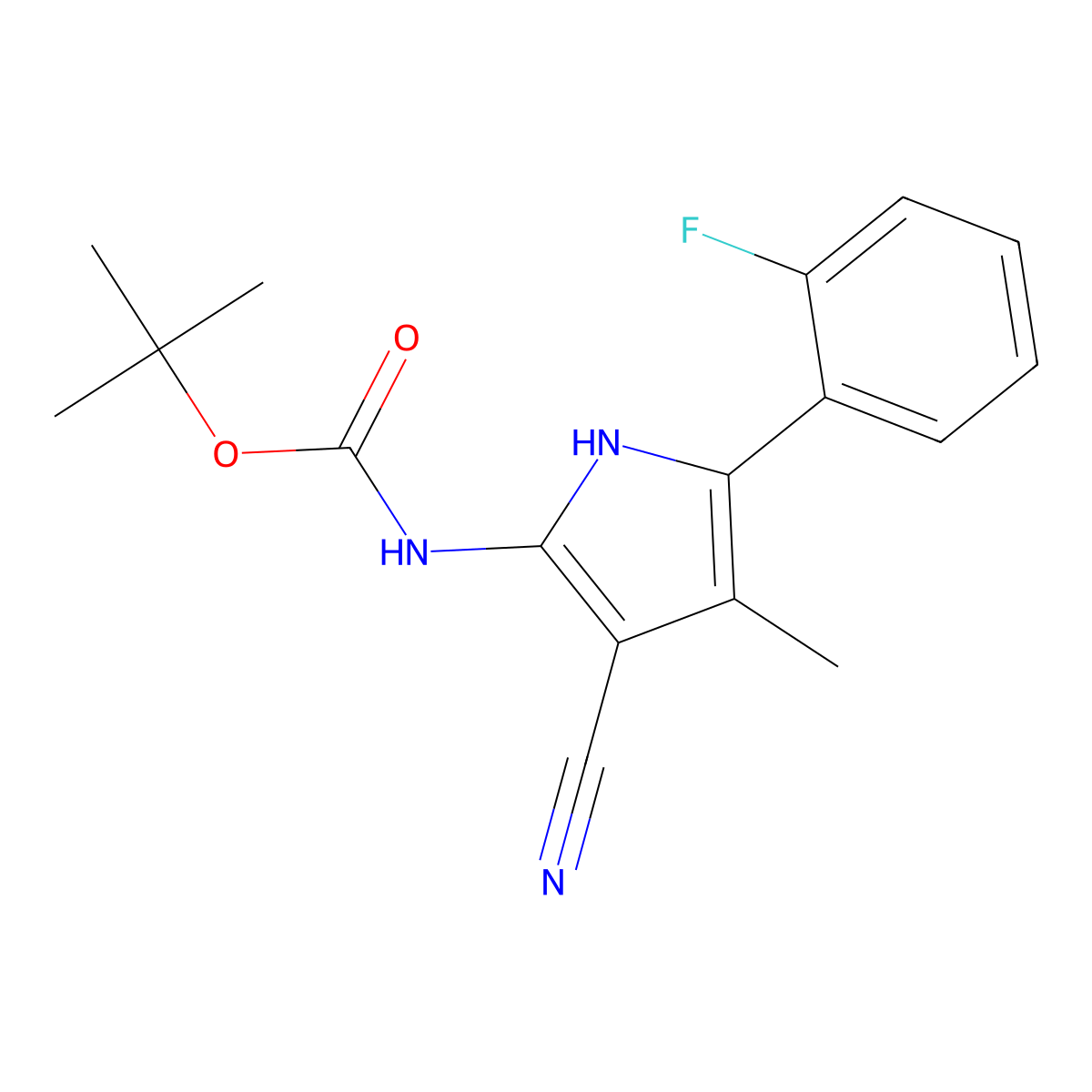 tert-butyl N-[3-cyano-5-(2-fluorophenyl)-4-methyl-1H-pyrrol-2-yl]carbamate molecular structure, CAS 2680805-69-8