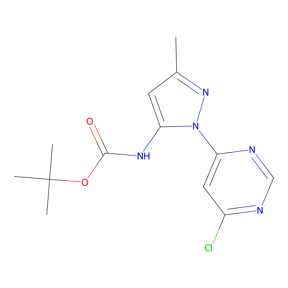tert-butyl N-[1-(6-chloropyrimidin-4-yl)-3-methyl-1H-pyrazol-5-yl]carbamate molecular structure, CAS 2680805-93-8