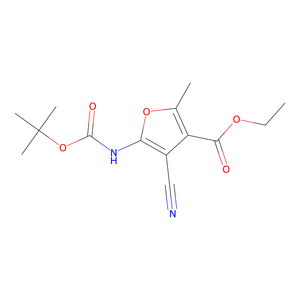 Ethyl 5-{[(tert-butoxy)carbonyl]amino}-4-cyano-2-methylfuran-3-carboxylate molecular structure, CAS 2680806-35-1