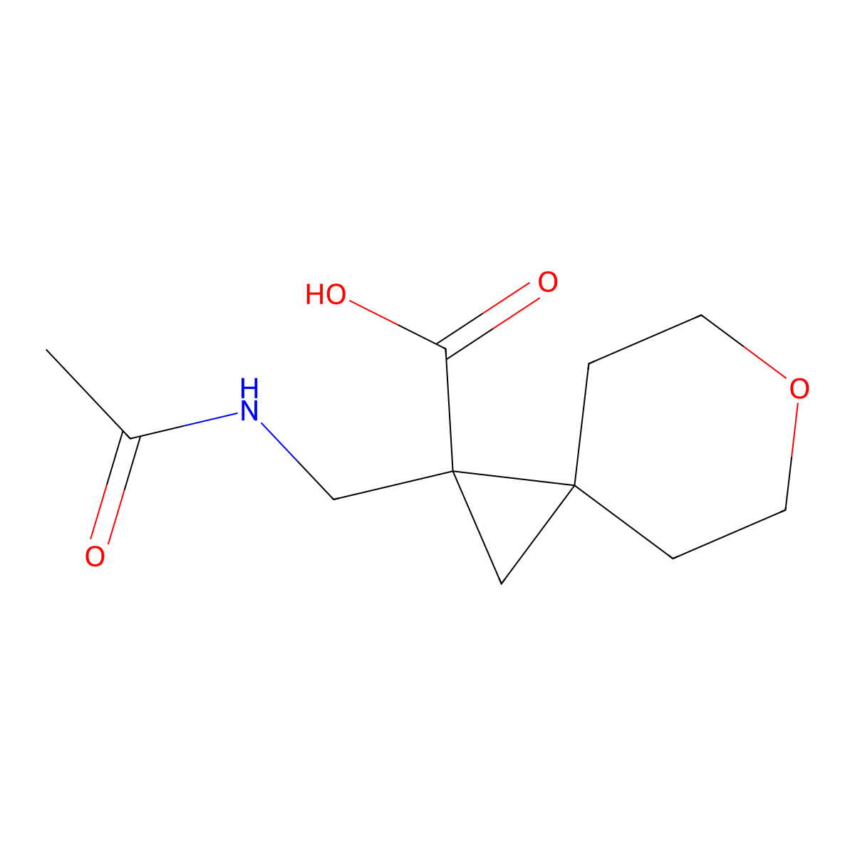 1-(Acetamidomethyl)-6-oxaspiro[2.5]octane-1-carboxylic acid molecular structure, CAS 2680806-49-7