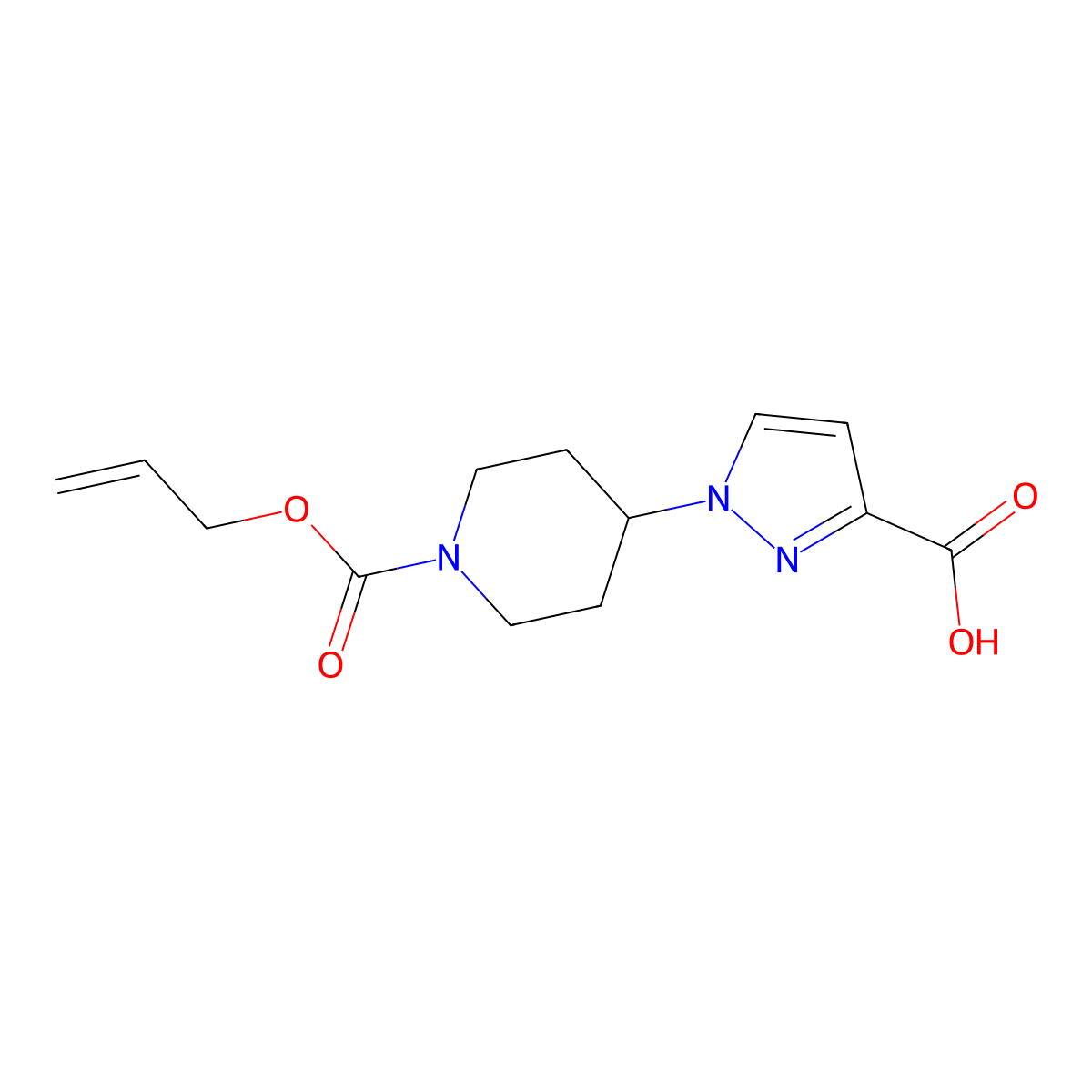 1-{1-[(prop-2-en-1-yloxy)carbonyl]piperidin-4-yl}-1H-pyrazole-3-carboxylic acid molecular structure, CAS 2680809-11-2