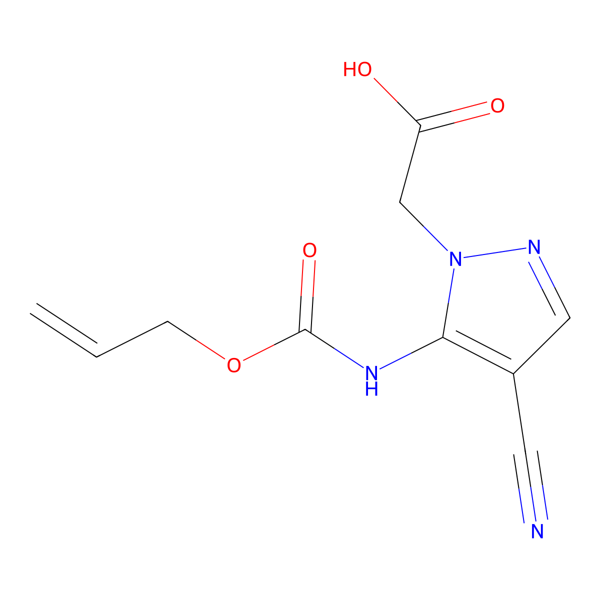 2-(4-cyano-5-{[(prop-2-en-1-yloxy)carbonyl]amino}-1H-pyrazol-1-yl)acetic acid molecular structure, CAS 2680810-45-9