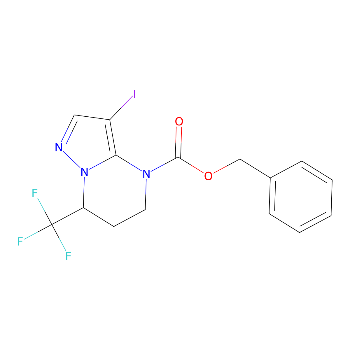 benzyl 3-iodo-7-(trifluoromethyl)-4H,5H,6H,7H-pyrazolo[1,5-a]pyrimidine-4-carboxylate molecular structure, CAS 2680810-55-1