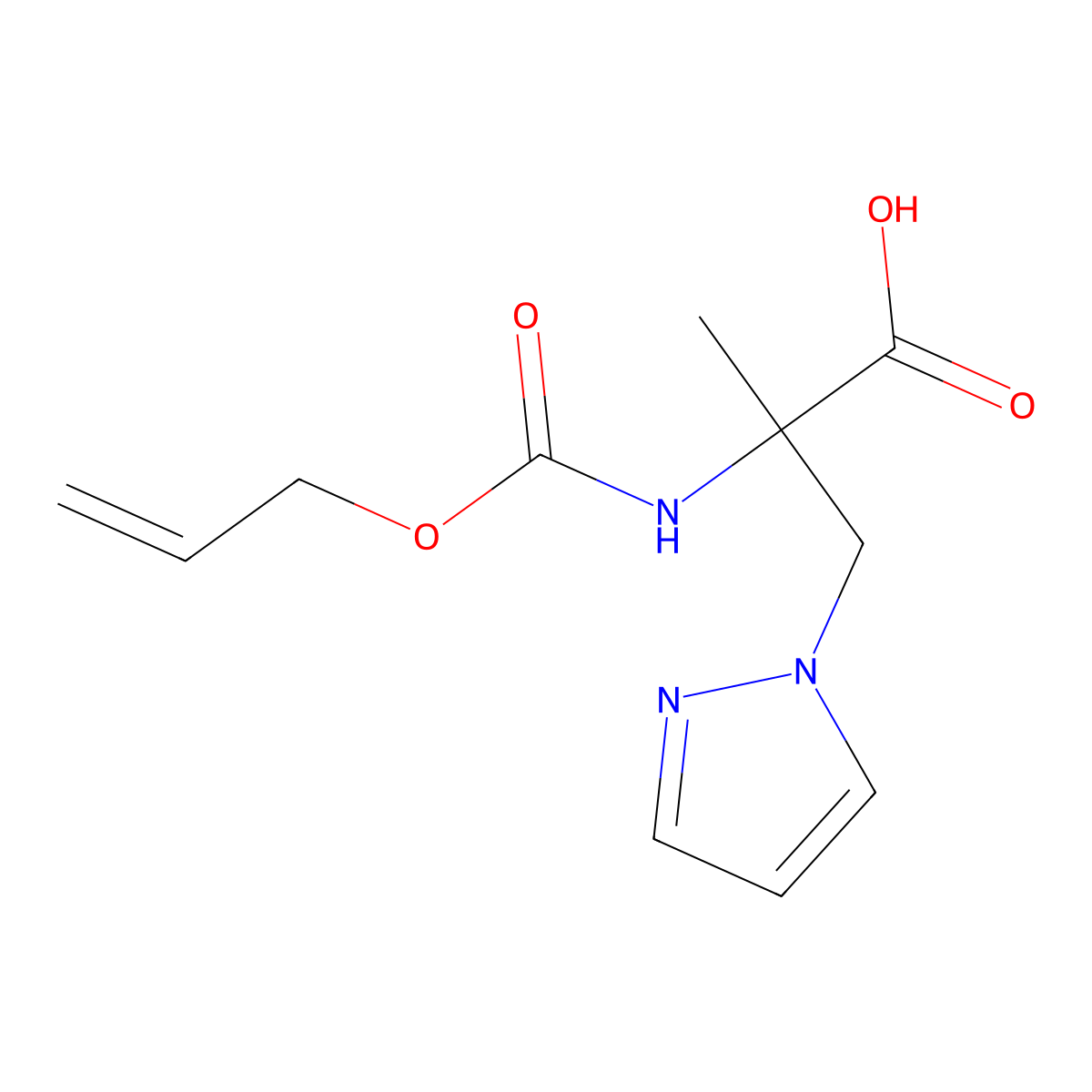 2-methyl-2-{[(prop-2-en-1-yloxy)carbonyl]amino}-3-(1H-pyrazol-1-yl)propanoic acid molecular structure, CAS 2680811-16-7