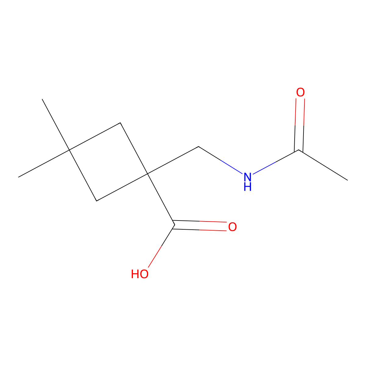 1-(Acetamidomethyl)-3,3-dimethylcyclobutane-1-carboxylic acid molecular structure, CAS 2680811-24-7