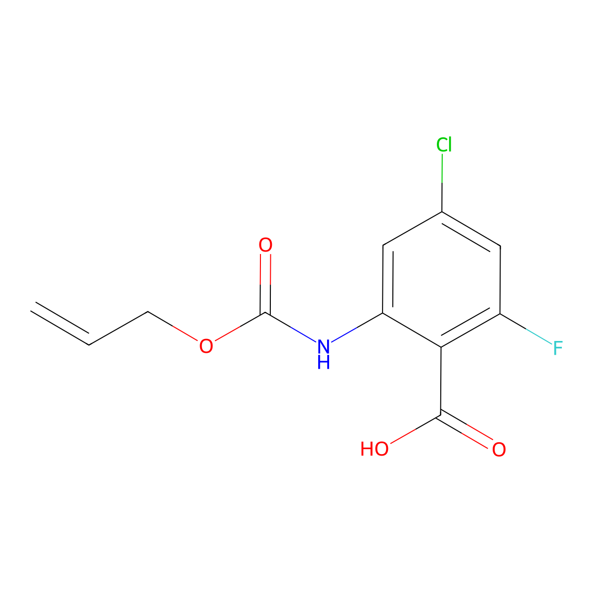 4-Chloro-2-fluoro-6-{[(prop-2-en-1-yloxy)carbonyl]amino}benzoic acid molecular structure, CAS 2680811-64-5