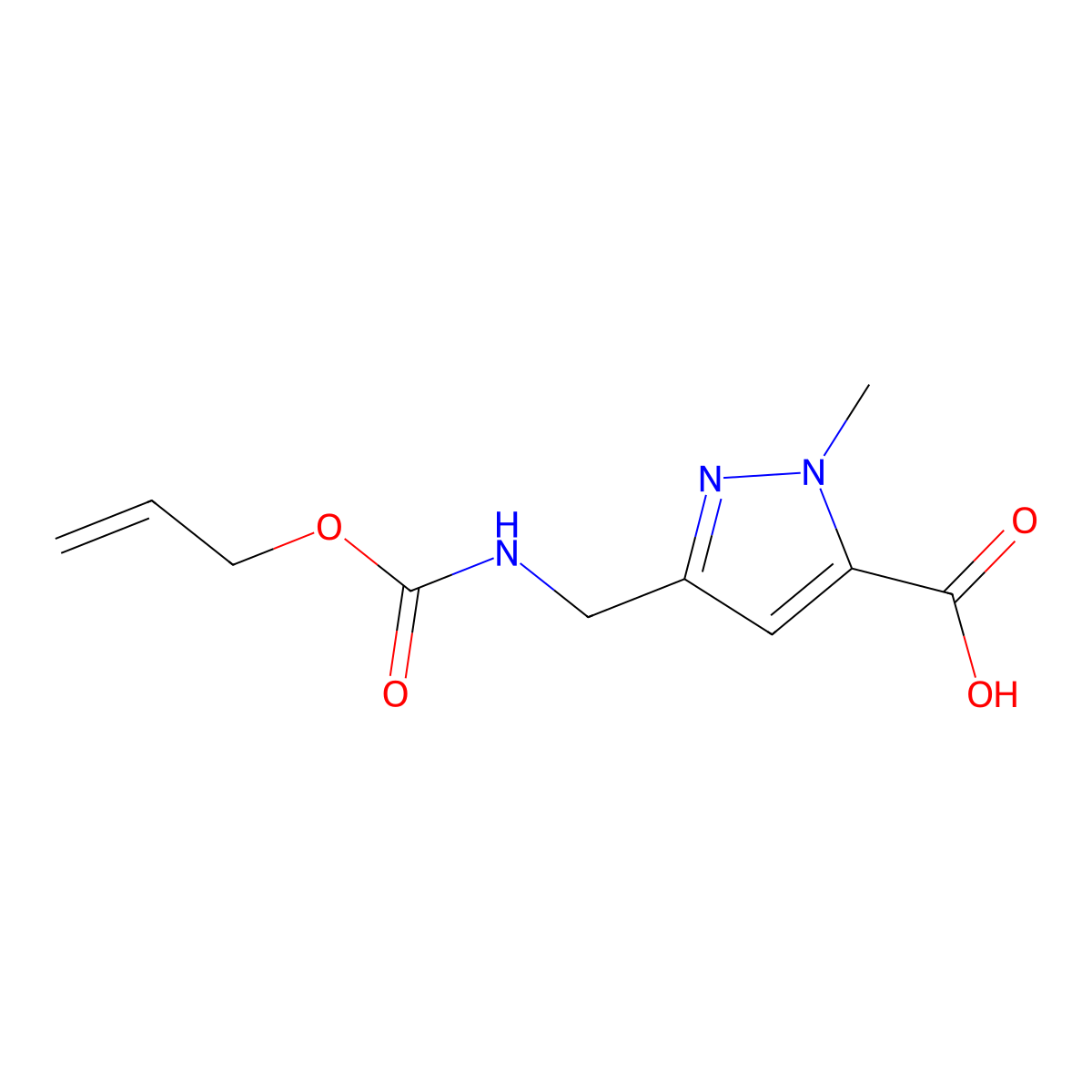 1-methyl-3-({[(prop-2-en-1-yloxy)carbonyl]amino}methyl)-1H-pyrazole-5-carboxylic acid molecular structure, CAS 2680812-15-9