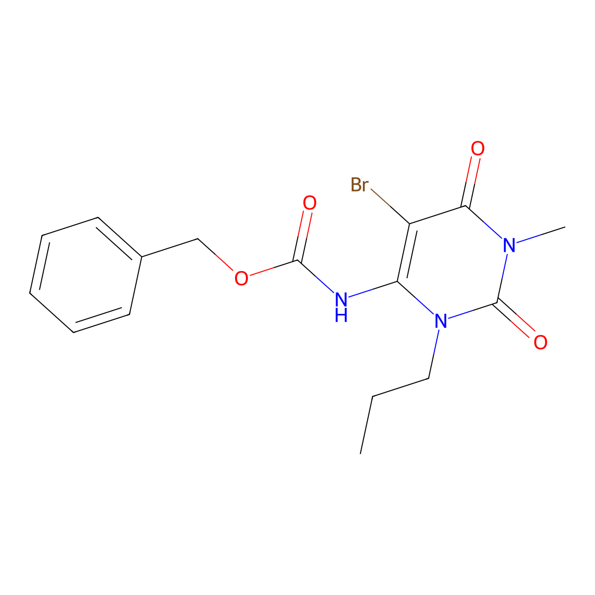 benzyl N-(5-bromo-1-methyl-2,6-dioxo-3-propyl-1,2,3,6-tetrahydropyrimidin-4-yl)carbamate molecular structure, CAS 2680812-36-4