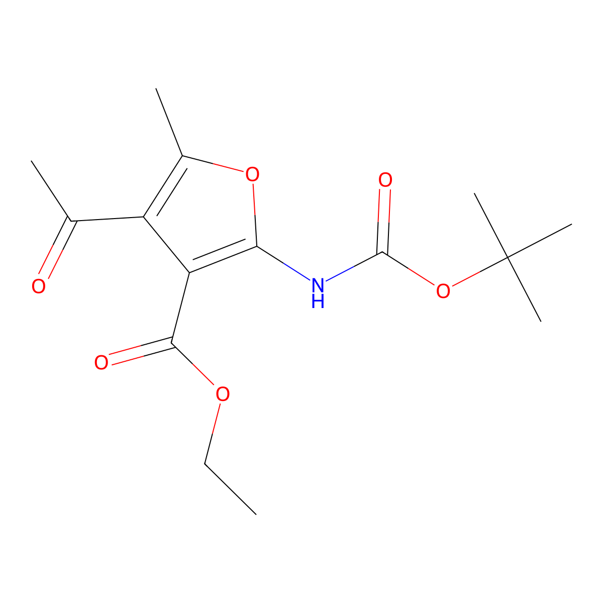 Ethyl 4-acetyl-2-{[(tert-butoxy)carbonyl]amino}-5-methylfuran-3-carboxylate molecular structure, CAS 2680812-61-5