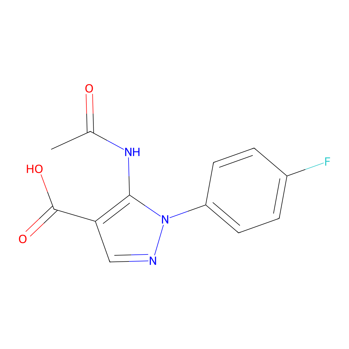 5-acetamido-1-(4-fluorophenyl)-1H-pyrazole-4-carboxylic acid molecular structure, CAS 2680813-15-2